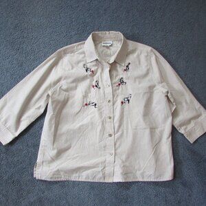 NWOT Breckenridge Large Tan White Embroidered Cat With Ball String Button Shirt